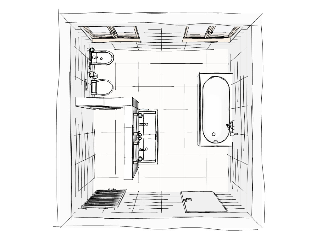 Draufsicht Badezimmer Grundriss mit Badewanne Waschbecken Toilette und Dusche