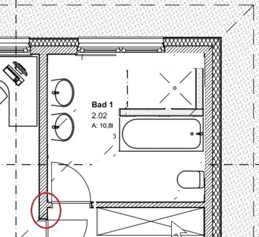Grundriss eines Badezimmers Bad 1: zwei Waschbecken, Badewanne, Toilette, Tür links