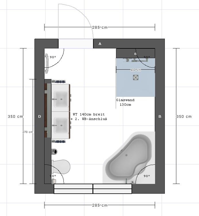 Badezimmer-Grundriss: Doppelwaschtisch links, Toilette links, Badewanne rechts, Glaswand 130 cm.