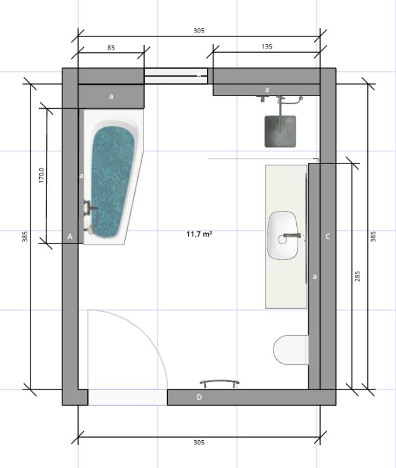 Badezimmer-Grundriss: Badewanne links, Waschbecken rechts, Toilette unten rechts.