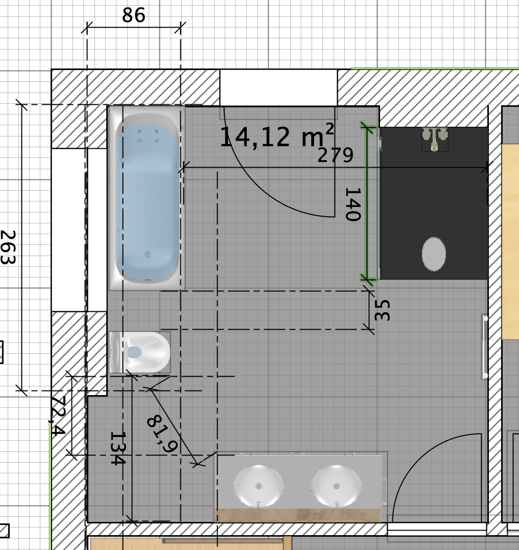 Grundriss Badezimmer: Badewanne links, Toilette unten, Doppelwaschbecken unten, Tür rechts, 14,12 m².