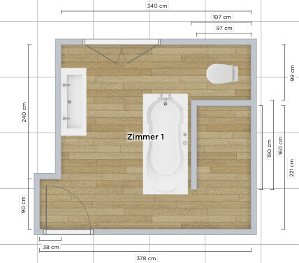 2D-Badezimmer-Grundriss mit Badewanne in der Mitte, Waschbecken links, Toilette oben rechts.