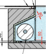 Detail eines Badezimmergrundrisses: Ecke mit runder Installationszone und Maßangaben