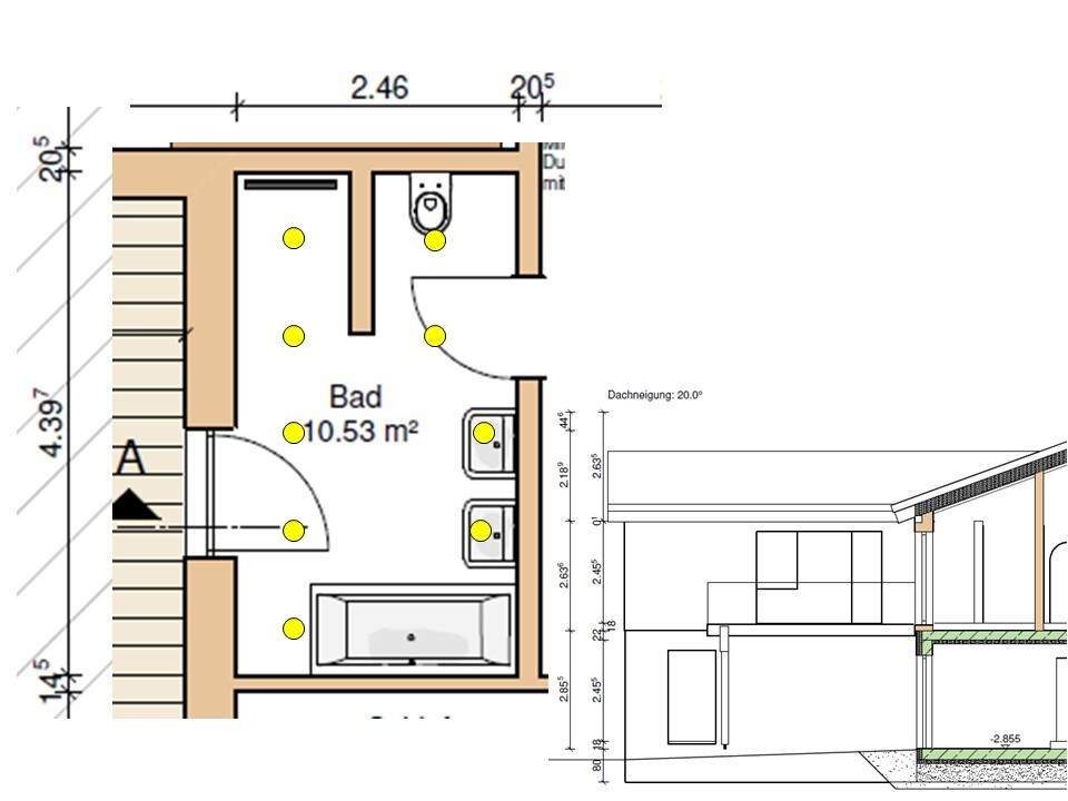 Grundriss eines Badezimmers (10,53 m2) mit Badewanne, Toilette, zwei Waschbecken und Tür.