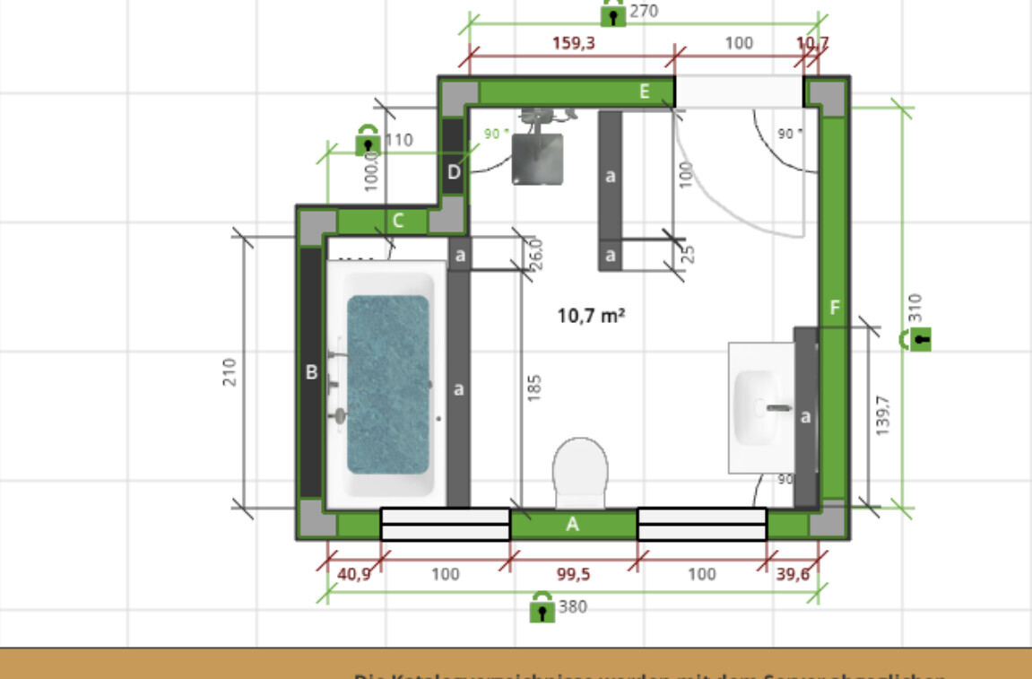 Grundriss eines Badezimmers: Badewanne links, Toilette unten, Waschbecken rechts, Fläche 10,7 m².