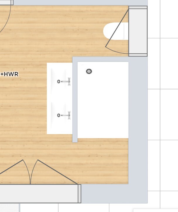 Grundriss eines Badezimmers mit Doppelwaschbecken, Holzboden, Tür und Duschbereich.