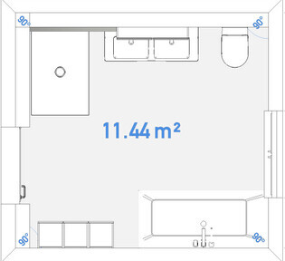 Grundriss eines Badezimmers mit Doppelwaschtisch, Toilette und Dusche (11,44 m²)