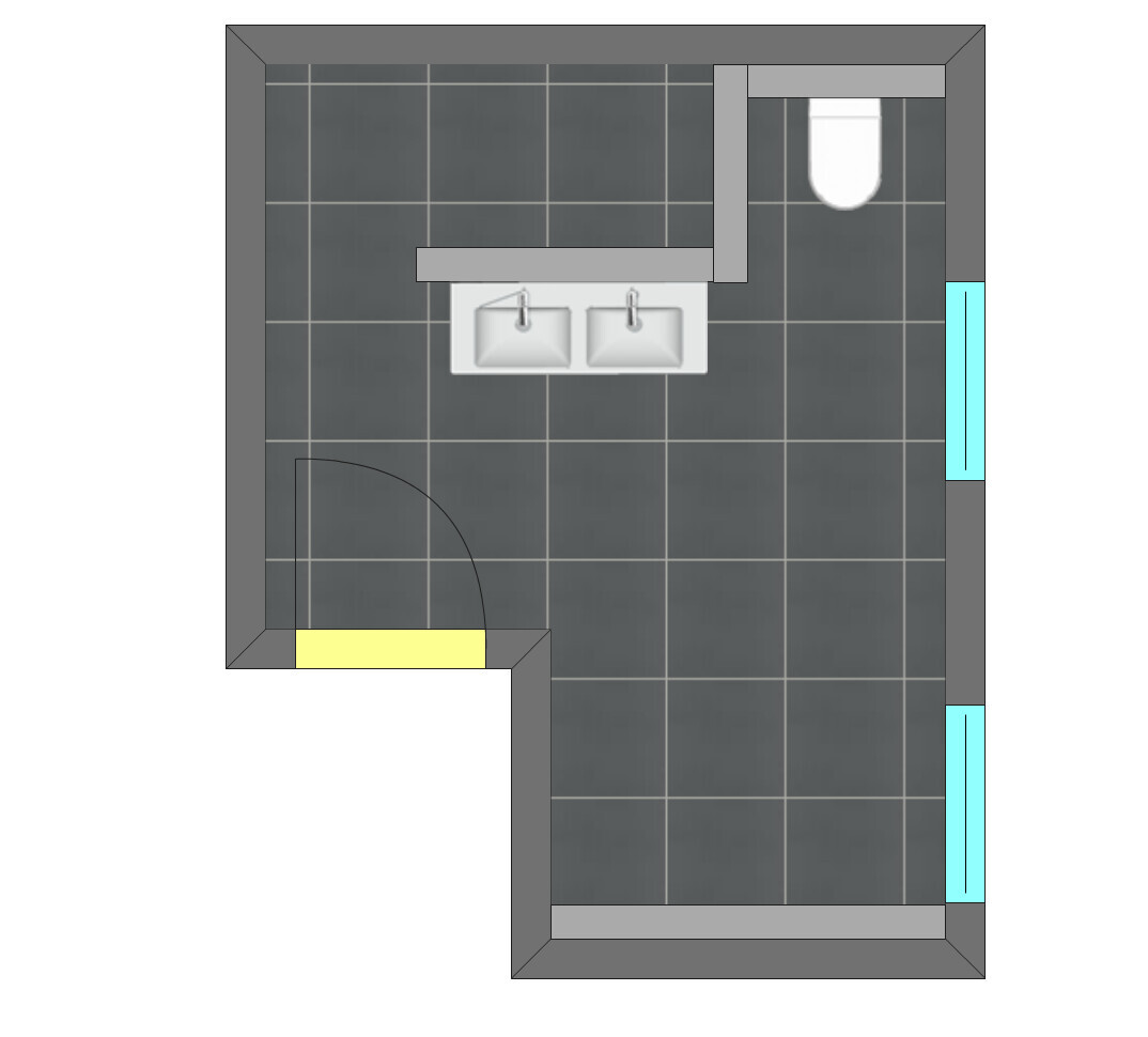 2D-Badgrundriss mit Doppelwaschtisch, Toilette, Türbogen und Fliesenmuster.
