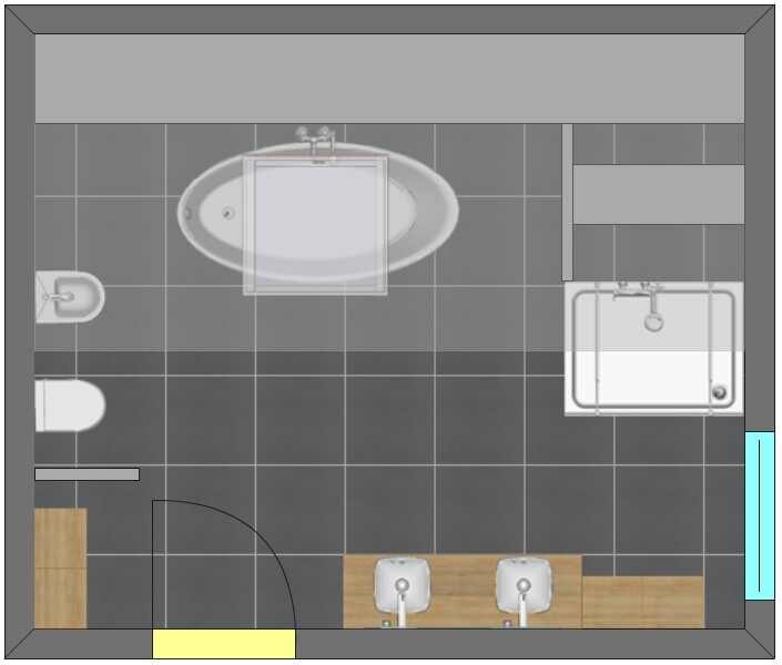 Raumplan: Badewanne in der Mitte, Doppelwaschbecken unten, Toilette links, Dusche rechts.