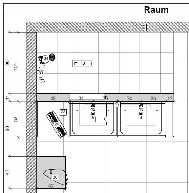 Badezimmer Grundriss mit Doppelwaschtischen und Sanitäranlagen