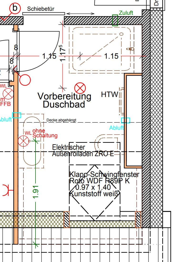 Grundriss eines Badezimmers: Vorbereitung Duschbad, Schiebetür, Zuluft/Abluft, Fenster, Elektro.