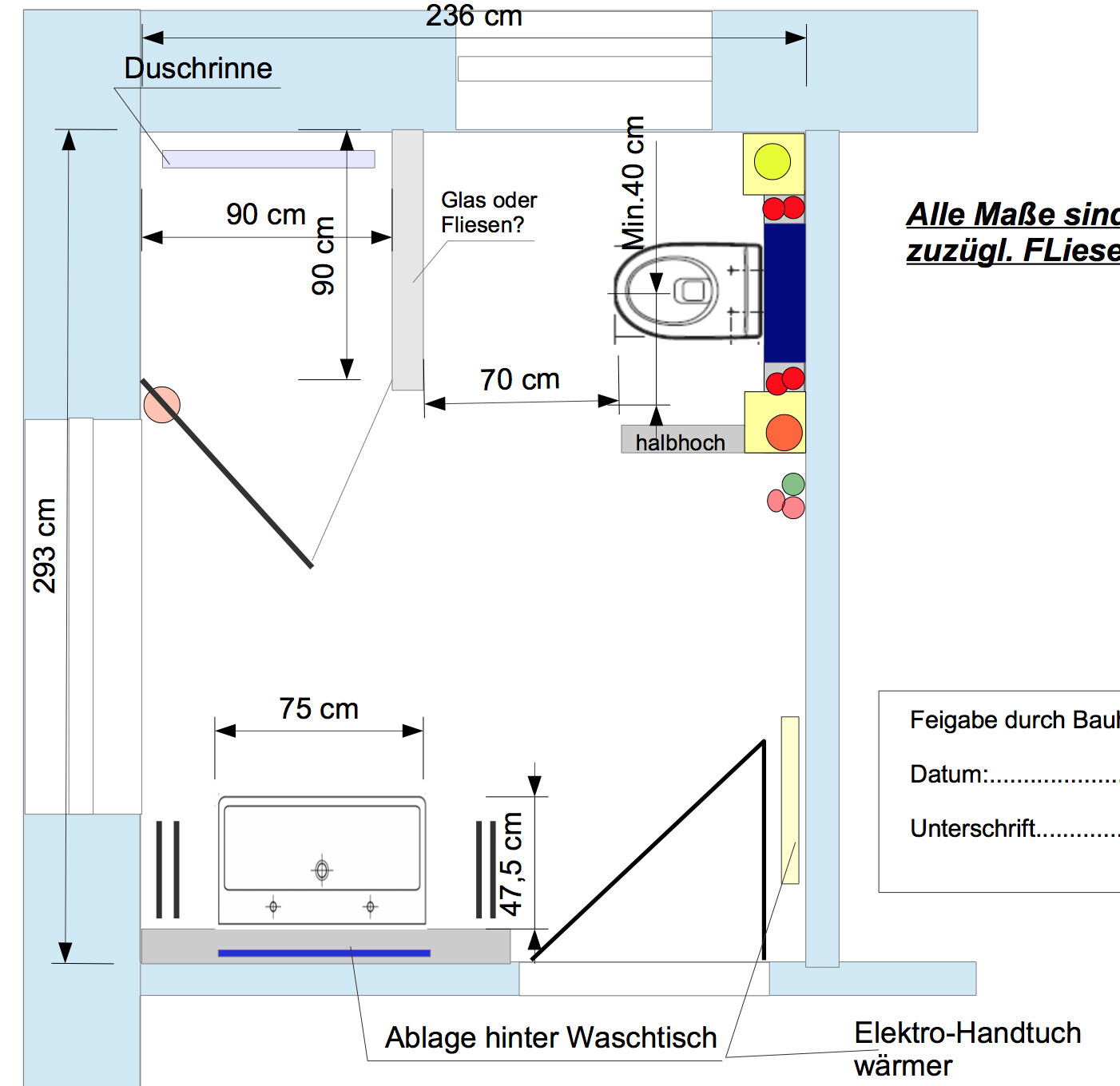 Grundriss eines Badezimmers mit Dusche (Duschrinne), Toilette, Waschtisch Glaswand und Heiztuchhalter.