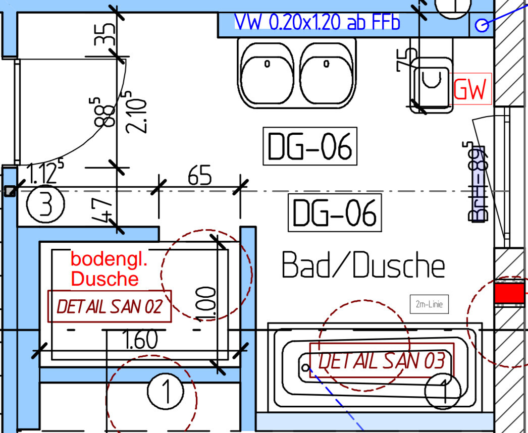 Detaillierter Badezimmergrundriss mit Dusche und Sanitärbereich in einer Bauzeichnung.