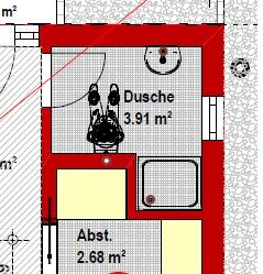 Badezimmer-Grundriss mit Dusche, roter Umrandung und kleinem Abstellraum