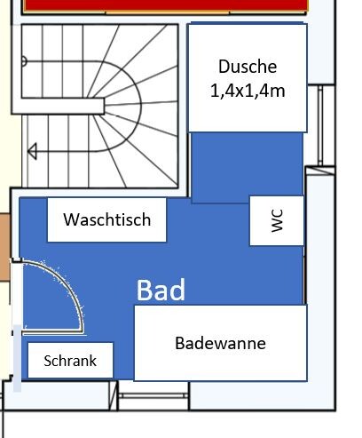 Badezimmer-Grundriss mit Dusche, Badewanne, Waschtisch, WC und Schrank