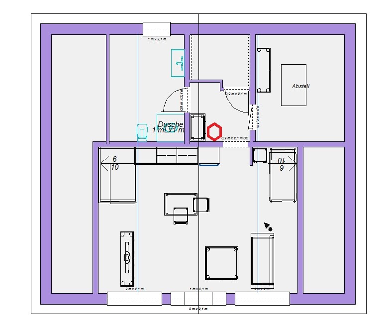 Grundriss einer Wohnung mit Dusche, Abstellraum und Möbeln, lilafarbene Wände.