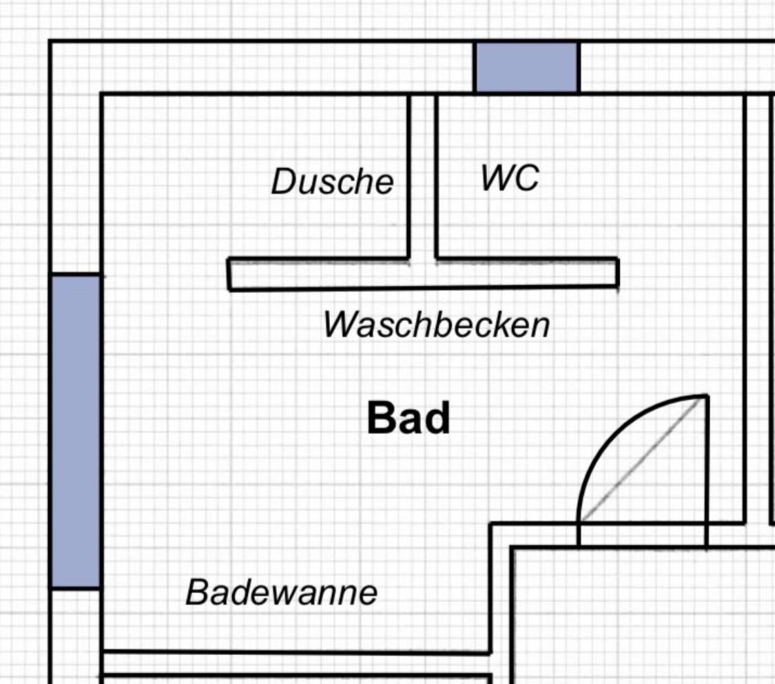 Grundriss eines Badezimmers: Dusche links, WC rechts, Waschbecken in der Mitte, Badewanne unten.