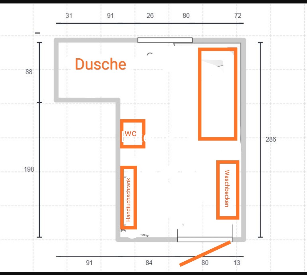 Grundriss Badezimmer: Dusche links, WC, Waschbecken rechts, Handtuchschrank; Tür unten rechts.
