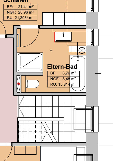 Grundriss eines Eltern-Bad mit Badewanne, Dusche, Waschbecken und WC