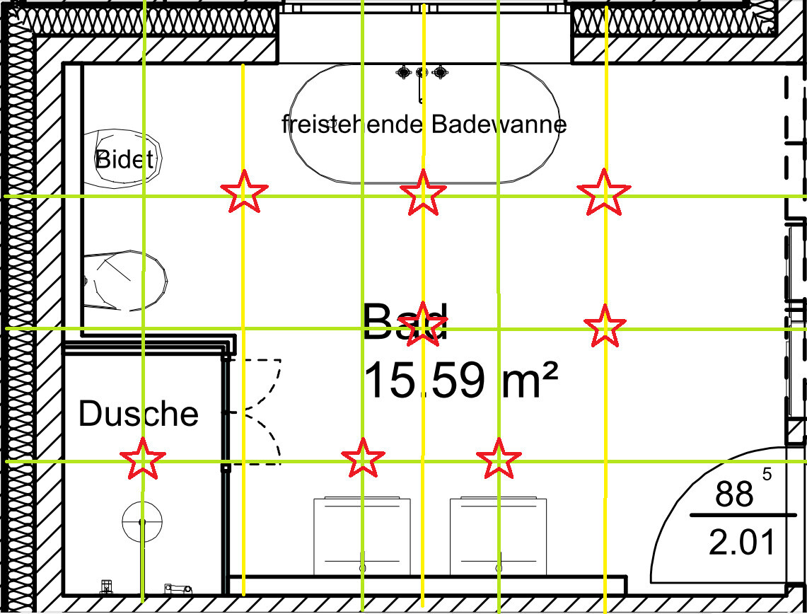 Grundriss eines Badezimmers mit freistehender Badewanne, Dusche und Bidet.