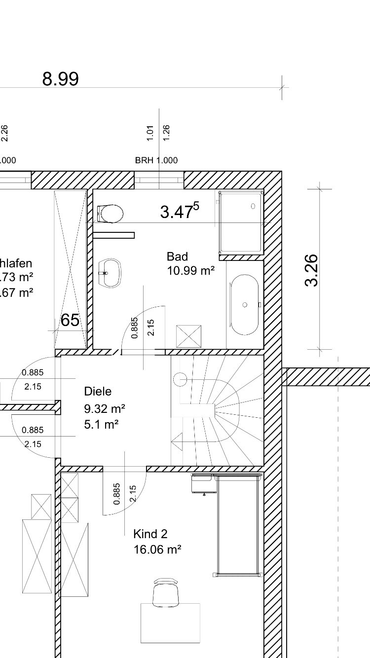 2D-Grundriss eines Hausplans mit Bad, Diele und Kinderzimmer 2