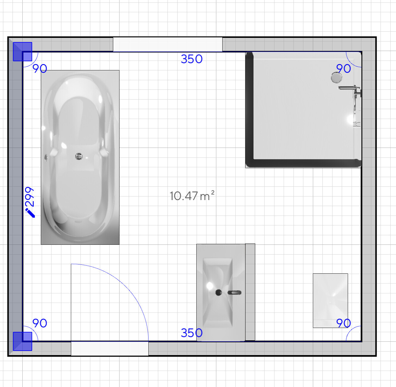 Grundriss eines Badezimmers: linke Badewanne, mittig Waschbecken, rechte Dusche, 10,47 m².
