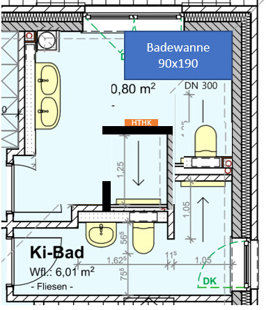 2D-Badgrundriss mit Badewanne 90x190, WC, Dusche, Fliesen im Ki-Bad