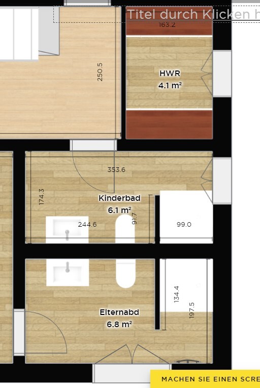 Grundriss eines Innenraums: HWR 4.1 m², Kinderbad 6.1 m², Elternbad 6.8 m² mit Türen.