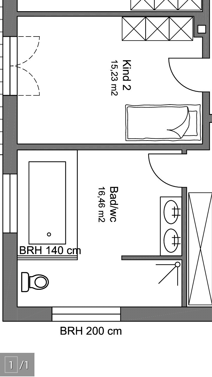 Grundrissplan zeigt Bad mit Toilette und Doppelwaschbecken neben Kinderzimmer