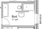 2D-Grundriss eines kleinen Badezimmers mit Toilette, Waschbecken und Dusche