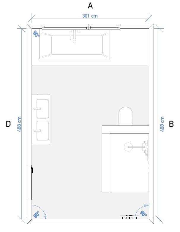 Badezimmergrundriss mit Badewanne, Doppelwaschbecken und WC im Layout