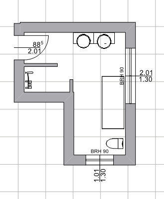 2D Badgrundriss eines kompakten Badezimmers mit Dusche und WC