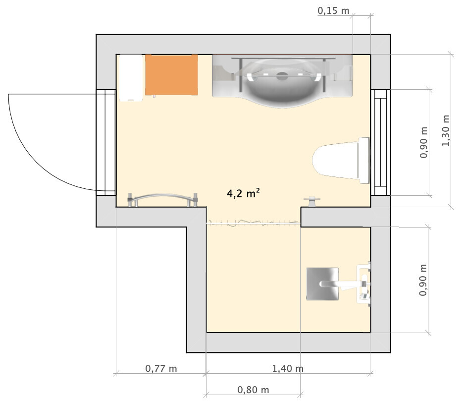 Grundriss eines ca. 4,2 m² großen Raums mit Bad-/Waschbereich: Toilette, Waschbecken, Dusche.
