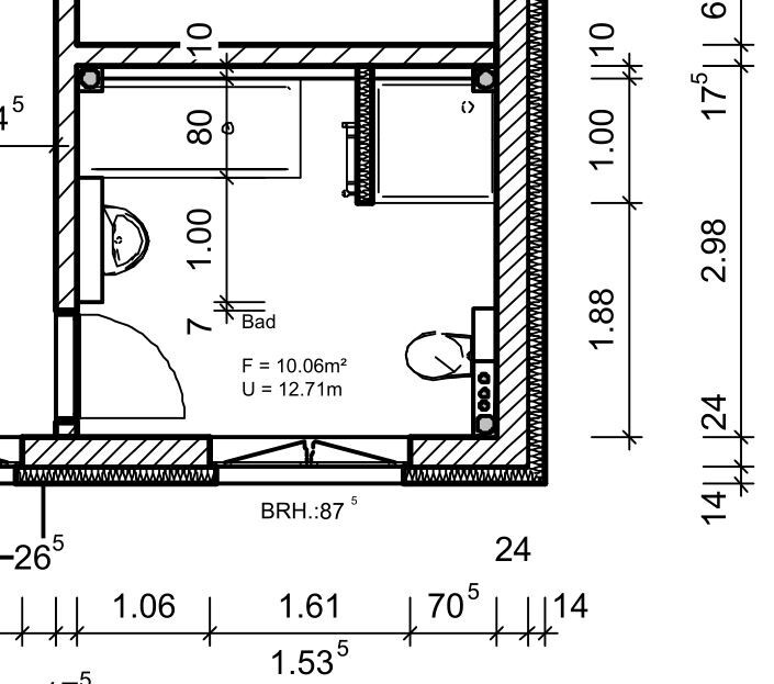 Grundriss eines Badezimmers mit Toilette, Waschbecken und Dusche, Maße sichtbar