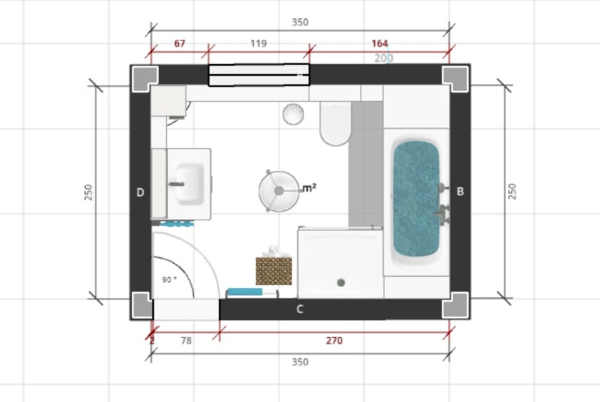 Kleines Grundrissbadezimmer: Badewanne rechts, Waschbecken links, Toilette vorne, runder Tisch.