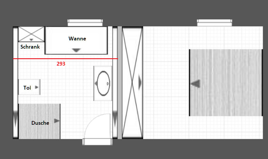 Grundriss eines Badezimmers links mit Wanne, Toilette, Dusche und Schrank; rechter Raum mit Tür