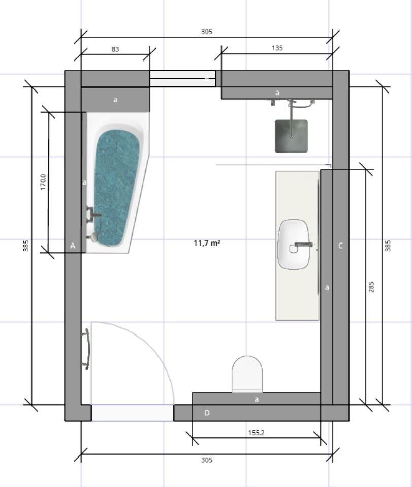 Badezimmer-Grundriss: links Badewanne, rechts Waschbecken, unten Toilette, 11,7 m².