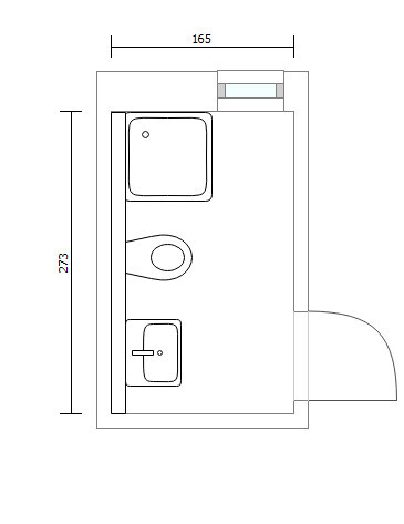 Kleiner 2D-Badgrundriss mit Badewanne, Toilette und Waschbecken, Tür rechts