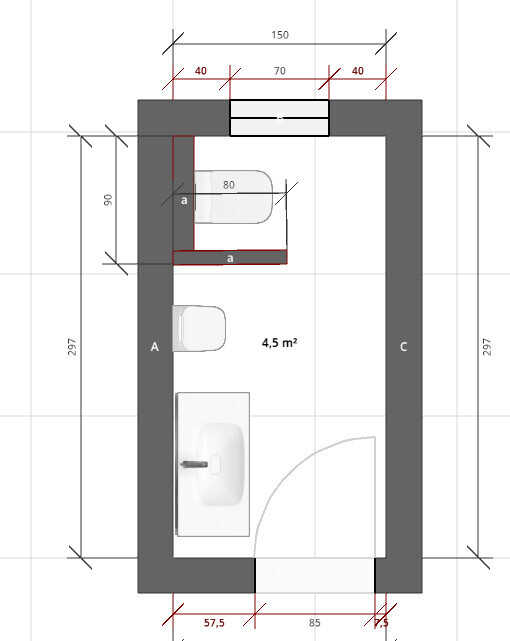 Grundriss eines kleinen Badezimmers mit Tür, Waschbecken und Dusche, 4,5 m².