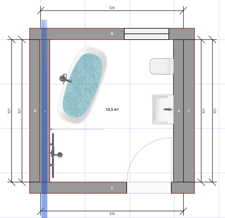 Badezimmer-Grundriss: Badewanne, Waschbecken und Toilette im rechteckigen Raum.