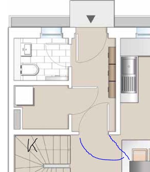 Grundriss einer Wohnung mit Bad, Küche, Flur, Treppe und blauer Wegführung.