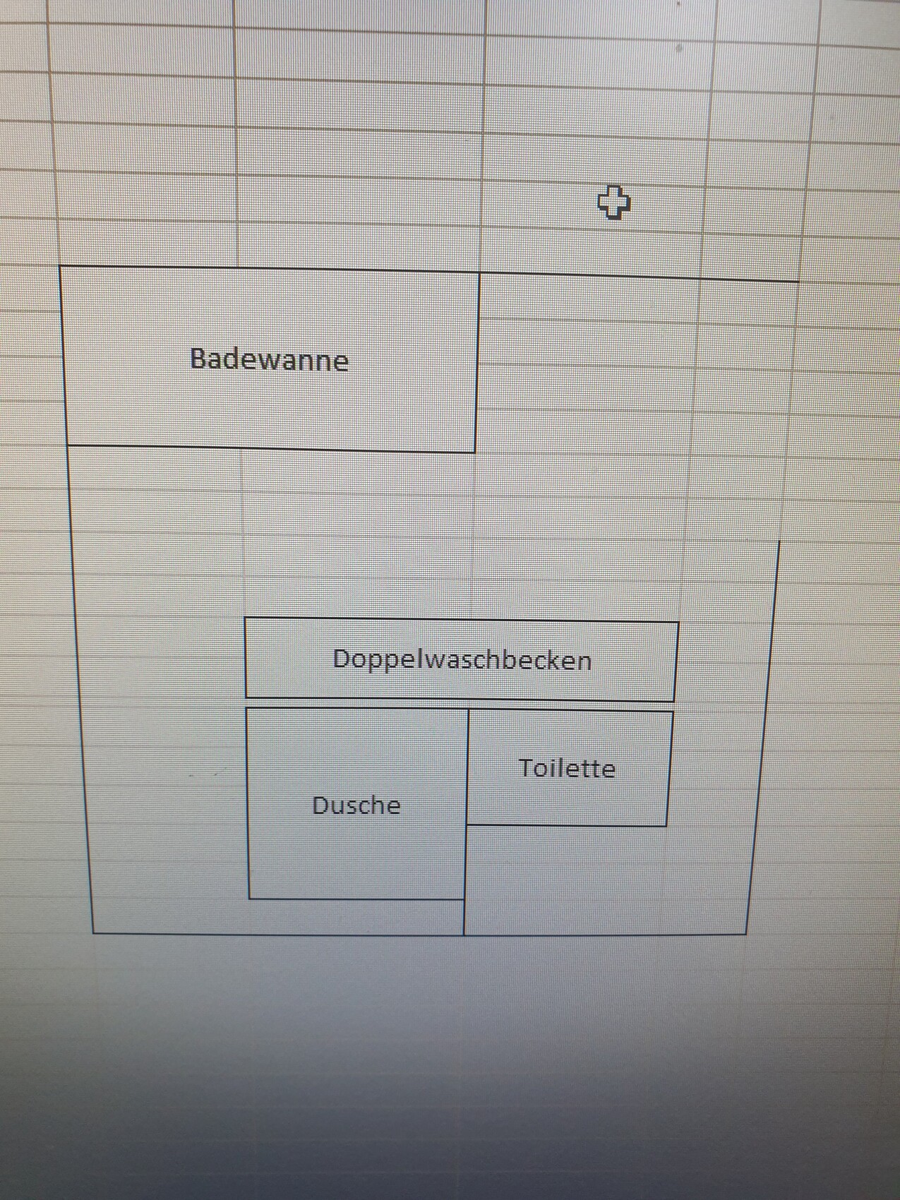 Grundriss eines Badezimmers mit Badewanne, Doppelwaschbecken, Dusche und Toilette