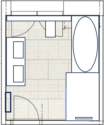 2D Badezimmer-Grundriss mit Badewanne rechts, Waschbecken links und Tür unten links