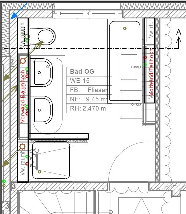 Bad OG Grundriss: Badezimmer-Dachgeschoss mit Dusche, zwei Waschtische und Türen.