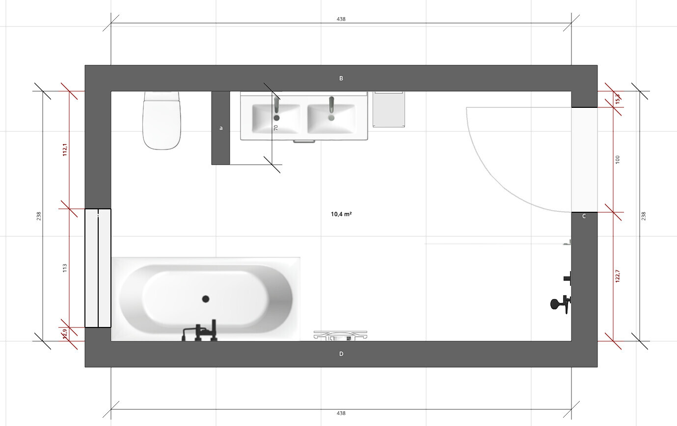 Grundriss eines Badezimmers: Badewanne unten links, Toilette links, Doppelwaschbecken, Tür rechts.