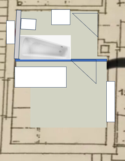 Grundriss eines Badezimmers von oben mit Badewanne, Möbeln und Wänden.