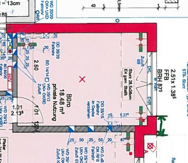 2D Badezimmer-Grundrissplan mit roter Umrandung und Maßlinien