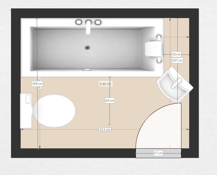 Badezimmer-Grundriss mit Badewanne, Waschbecken, Toilette und Tür, Maßangaben sichtbar.