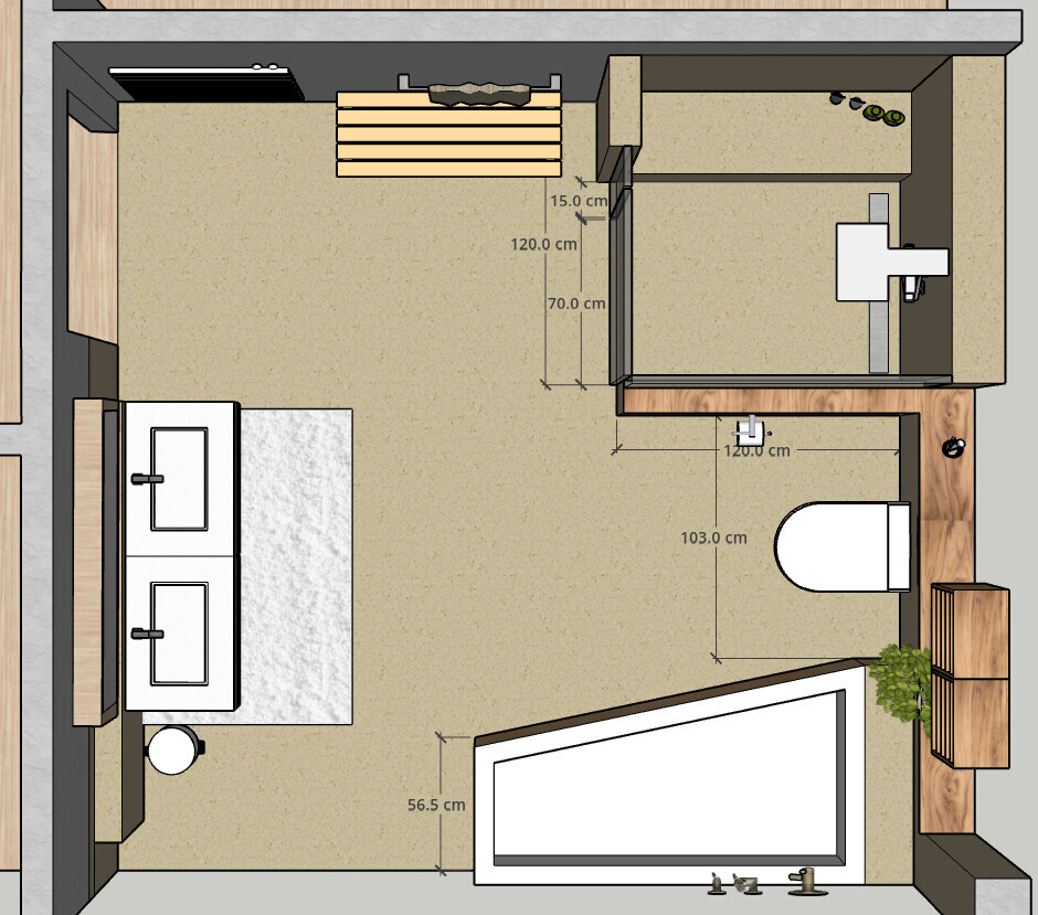 Raumaufteilung eines Badezimmers mit Doppelwaschbecken, Toilette und Duschbereich.