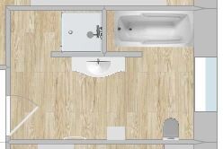 Grundriss eines Badezimmers mit Badewanne, Waschbecken und Toilette auf Holzboden